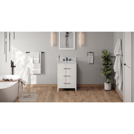 Jeffrey Alexander 24In. White Katara Vanity, White Carrara Marble Vanity Top, Undermount Rectangle Bowl VKITKAT24WHWCR